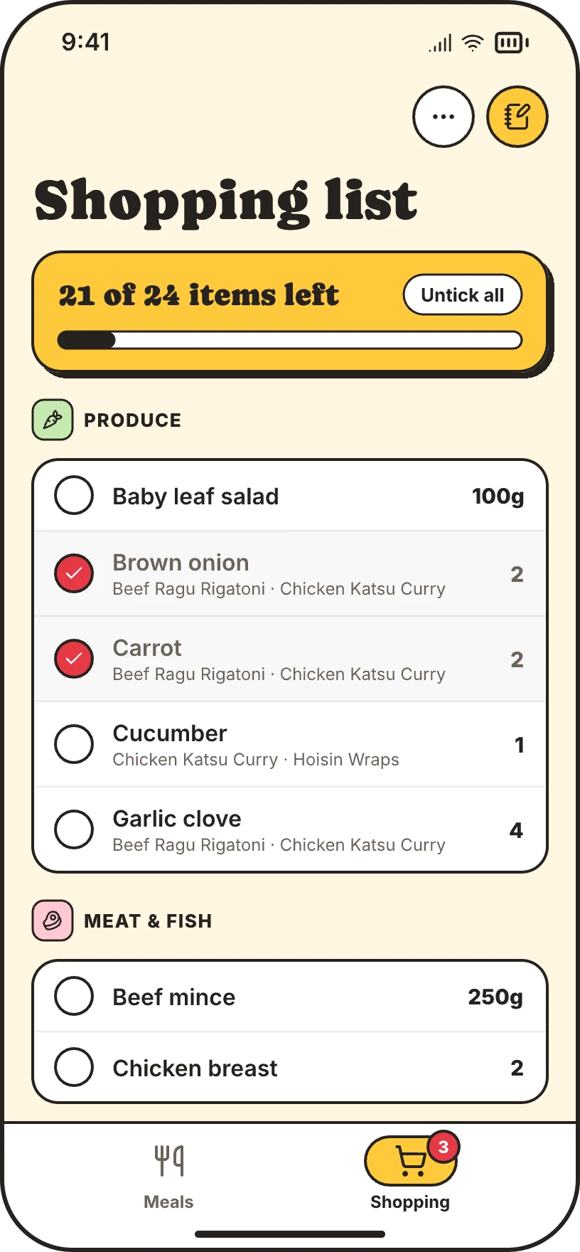 Panful's shopping list on iPhone