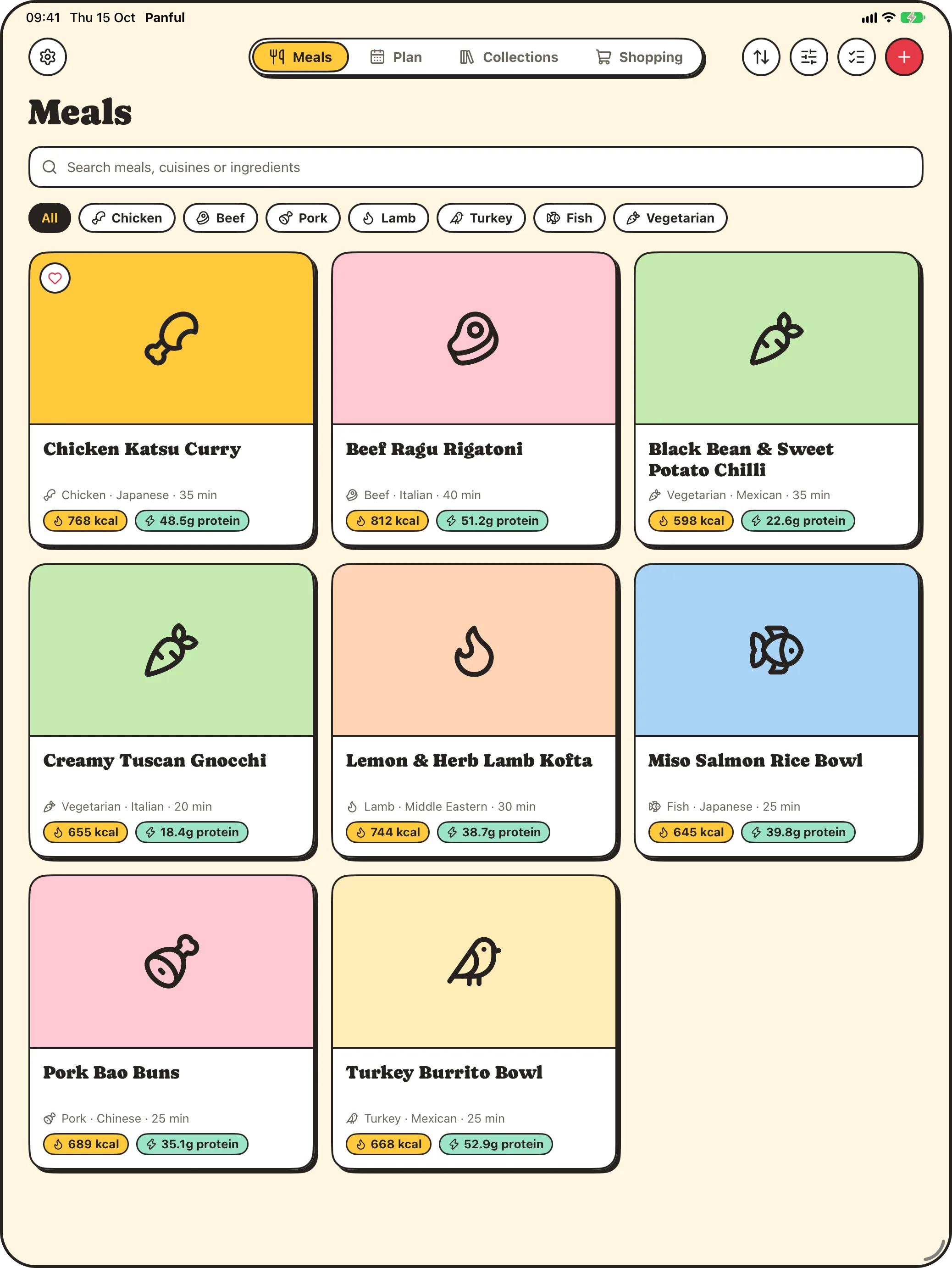Panful's meal library on iPad: a grid of meals with their calories and protein