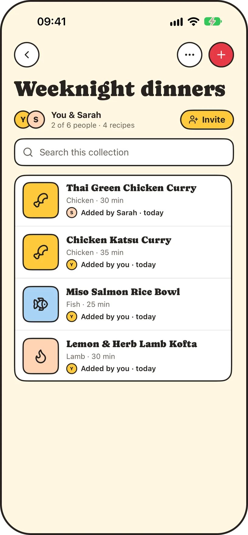 A shared recipe collection in Panful, with the people in it and its recipes