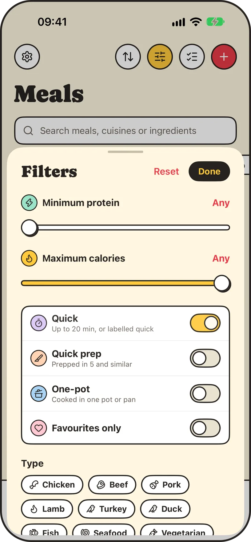 Panful's filters: minimum protein, maximum calories, Quick, Quick prep, One-pot and Favourites only
