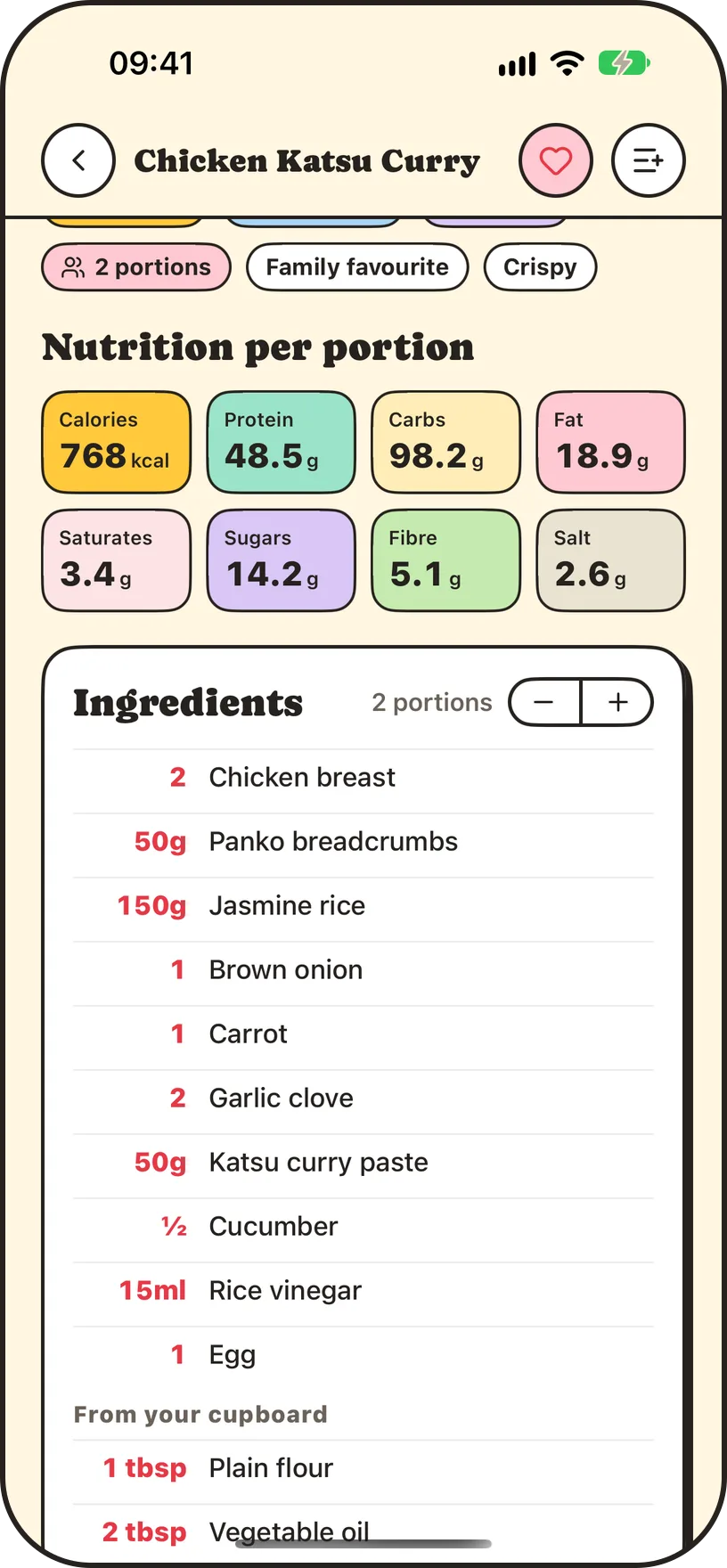 Chicken Katsu Curry in Panful, with nutrition per portion and ingredients