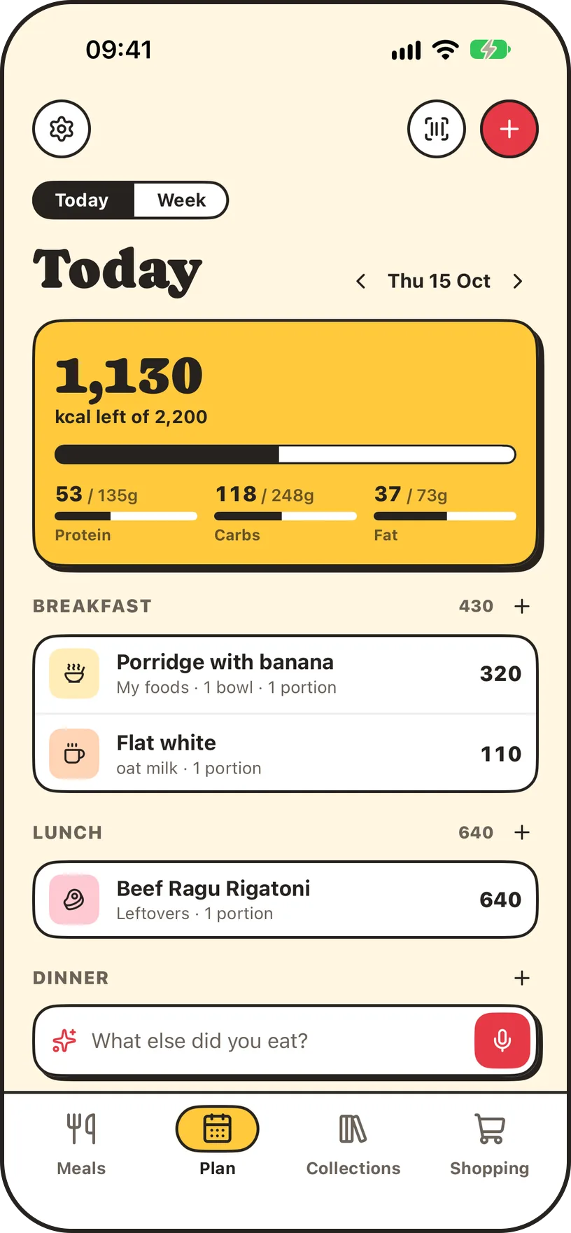 Panful's food diary showing calories left today, protein, carbs and fat