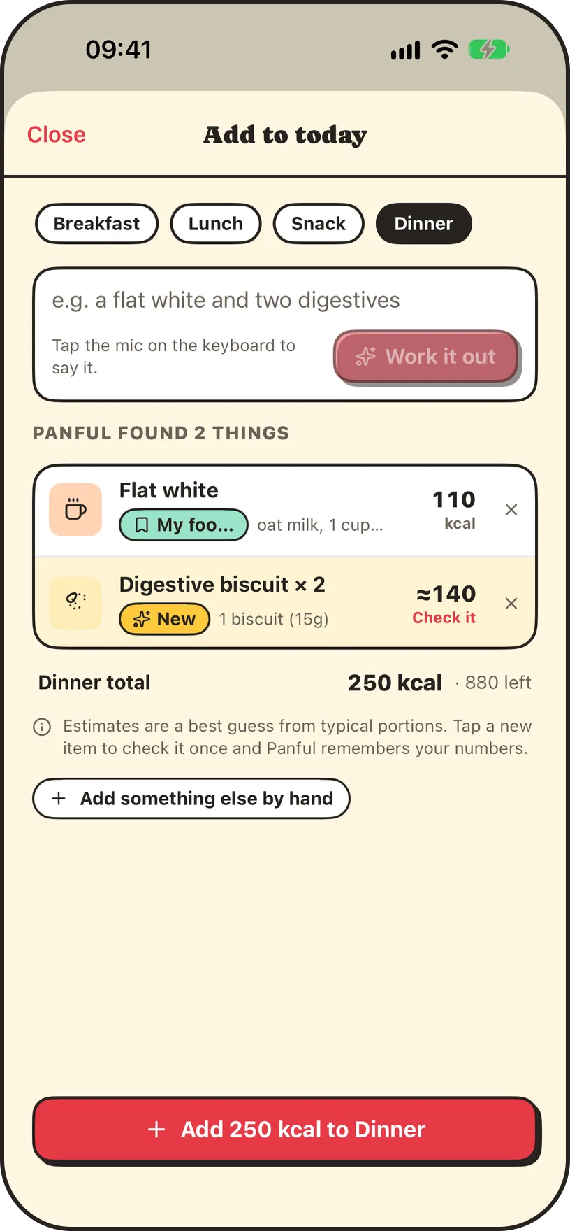 Quick add in Panful, with each food described turned into an item with its calories
