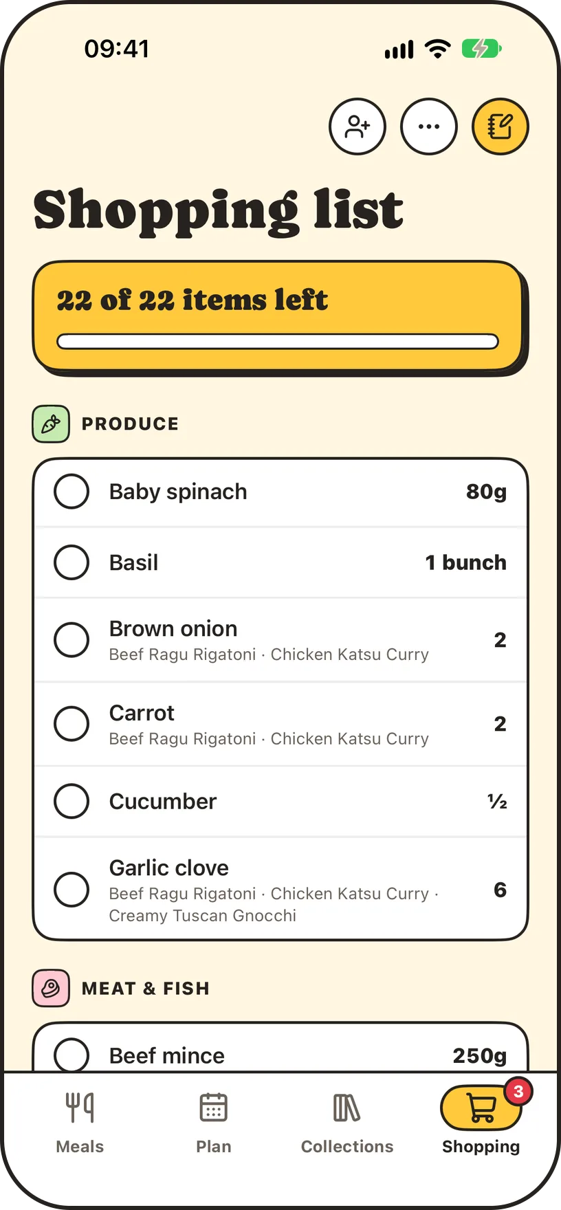 Panful's shopping list on iPhone, with items grouped by aisle